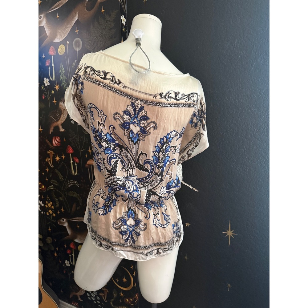 White House Black Market Silk Paisley Scarf Print Blouse Blue Beige XS - Picture 6 of 9